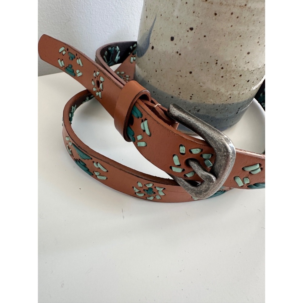Leather Tooled Boho Belt Womens XL Thin Skinny Retro Floral Metal Buckle Festiva
